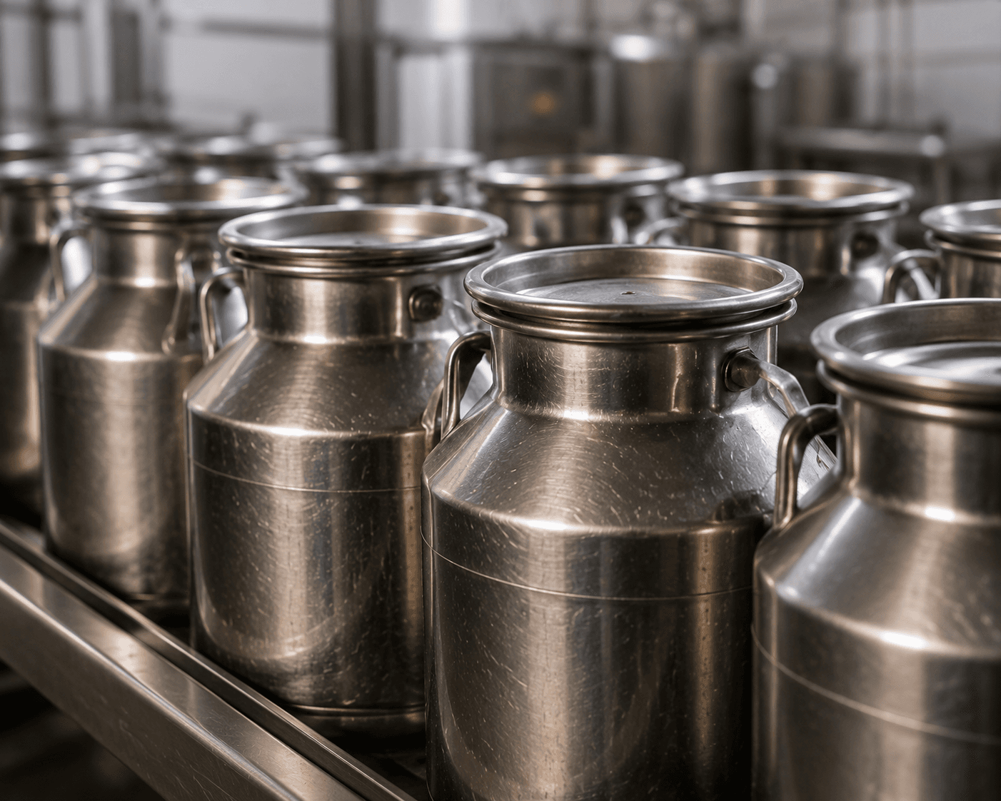 Milk churns ready for processing