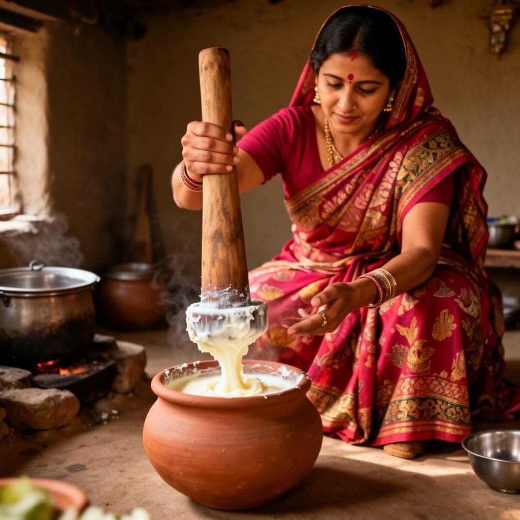 Hand-churning curd the traditional bilona way